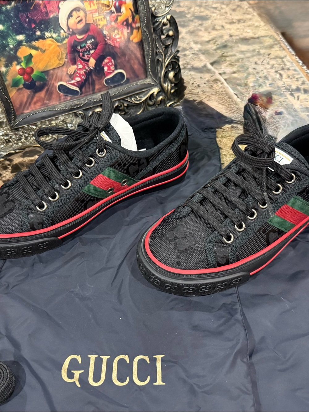 Gucci Off The Grid Tennis 1977 Black ECONYL Sneakers NIB Web Stripe 34.5 Wm/Kids - Picture 5 of 10